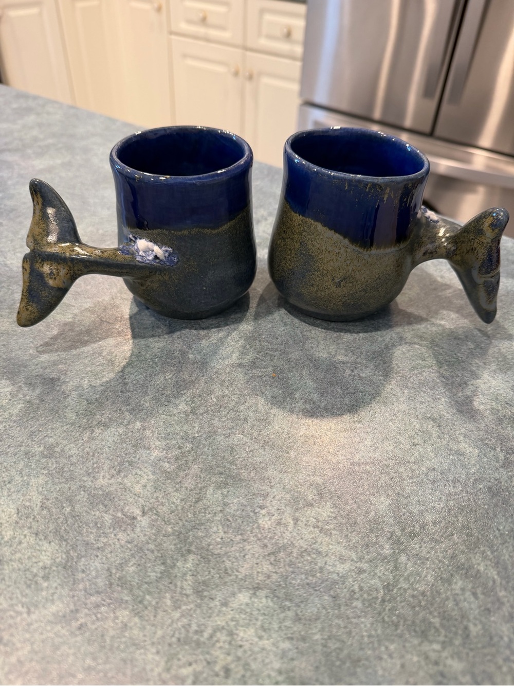 Handcrafted Blue and Green Whale Tail Ceramic Mugs - Set of 2